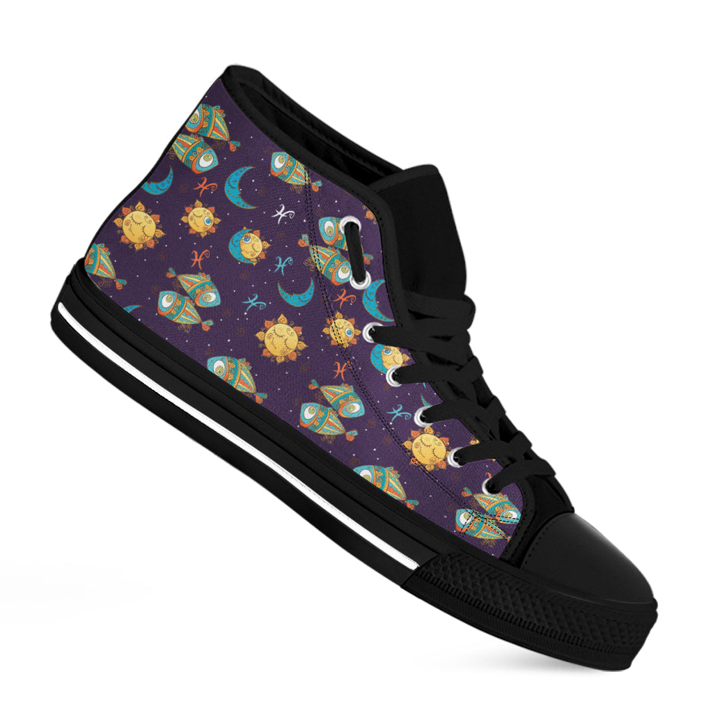 Cute Cartoon Pisces Pattern Print Black High Top Shoes