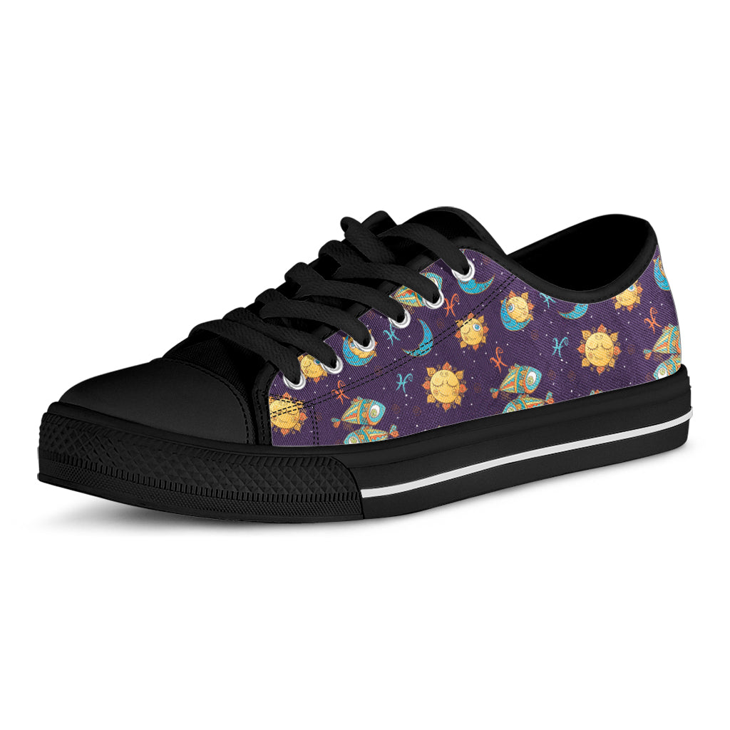 Cute Cartoon Pisces Pattern Print Black Low Top Shoes