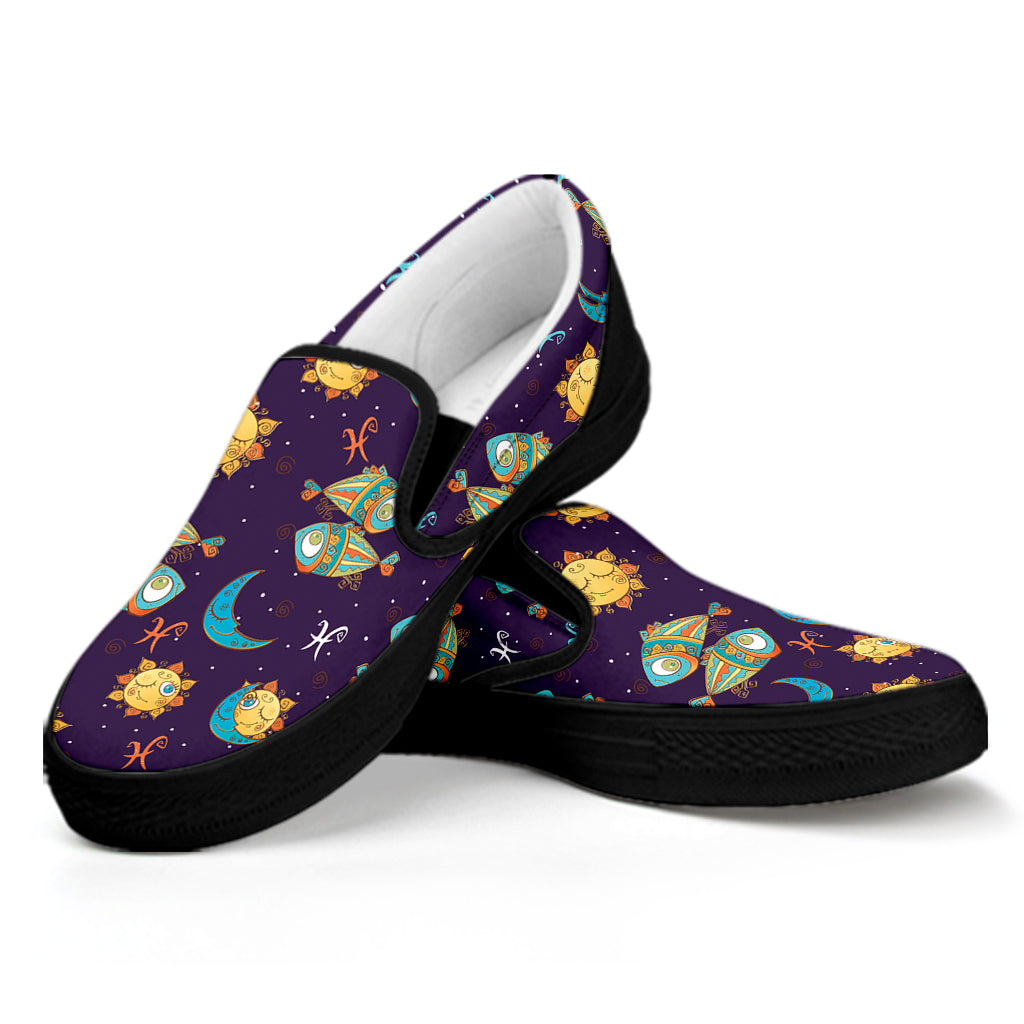 Cute Cartoon Pisces Pattern Print Black Slip On Shoes