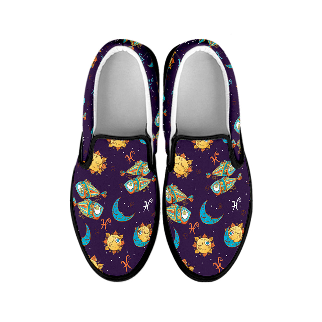 Cute Cartoon Pisces Pattern Print Black Slip On Shoes