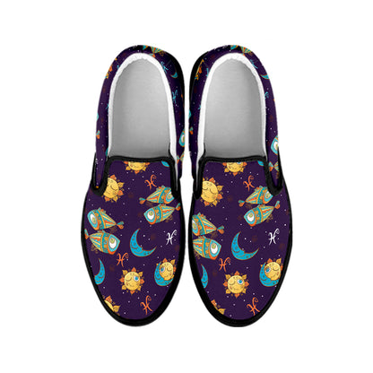 Cute Cartoon Pisces Pattern Print Black Slip On Shoes
