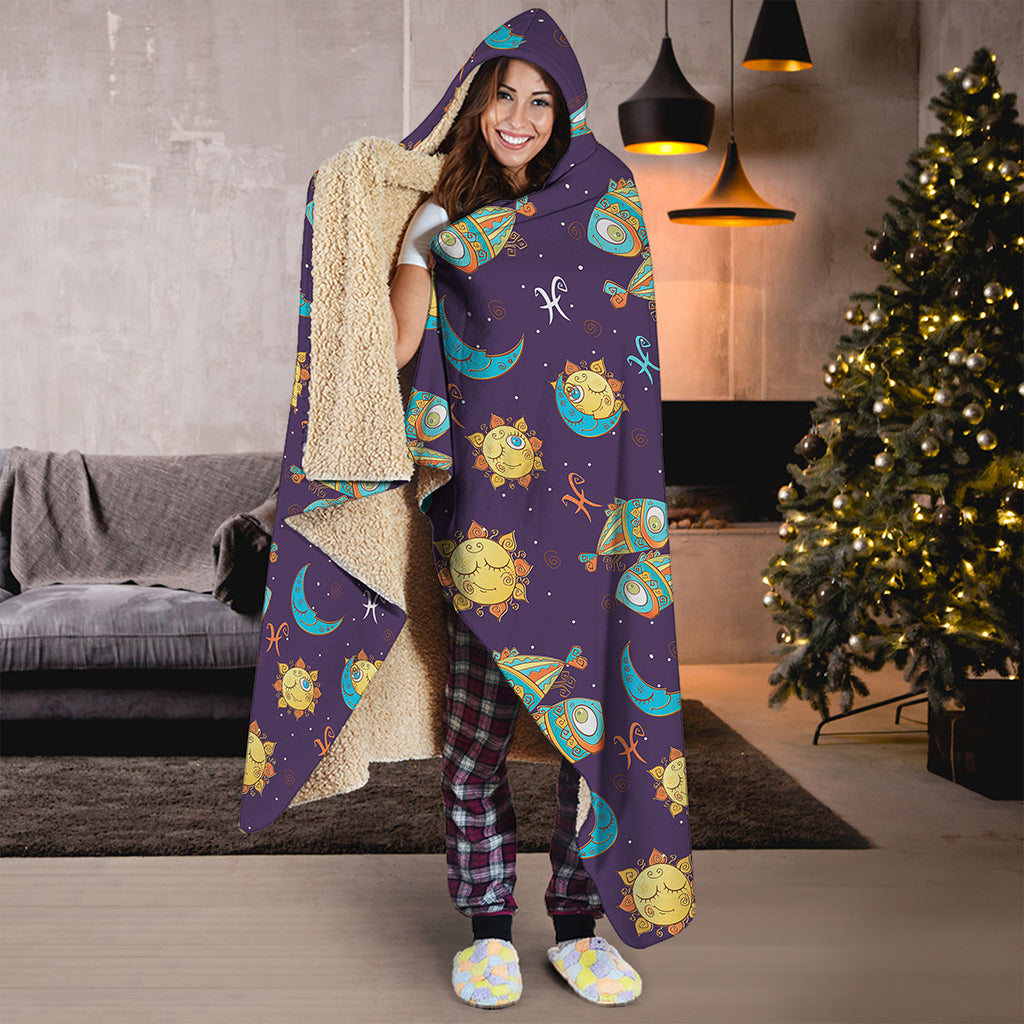 Cute Cartoon Pisces Pattern Print Hooded Blanket