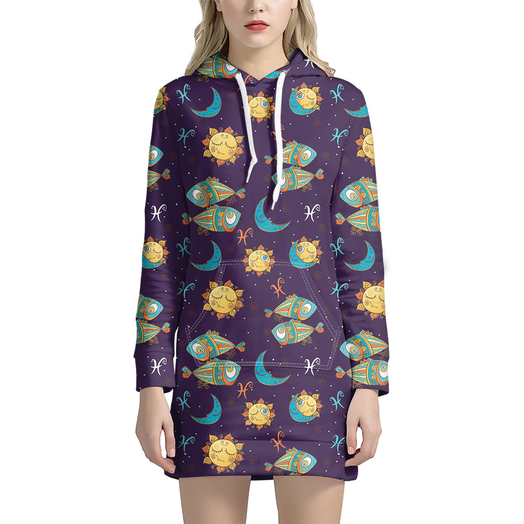 Cute Cartoon Pisces Pattern Print Hoodie Dress