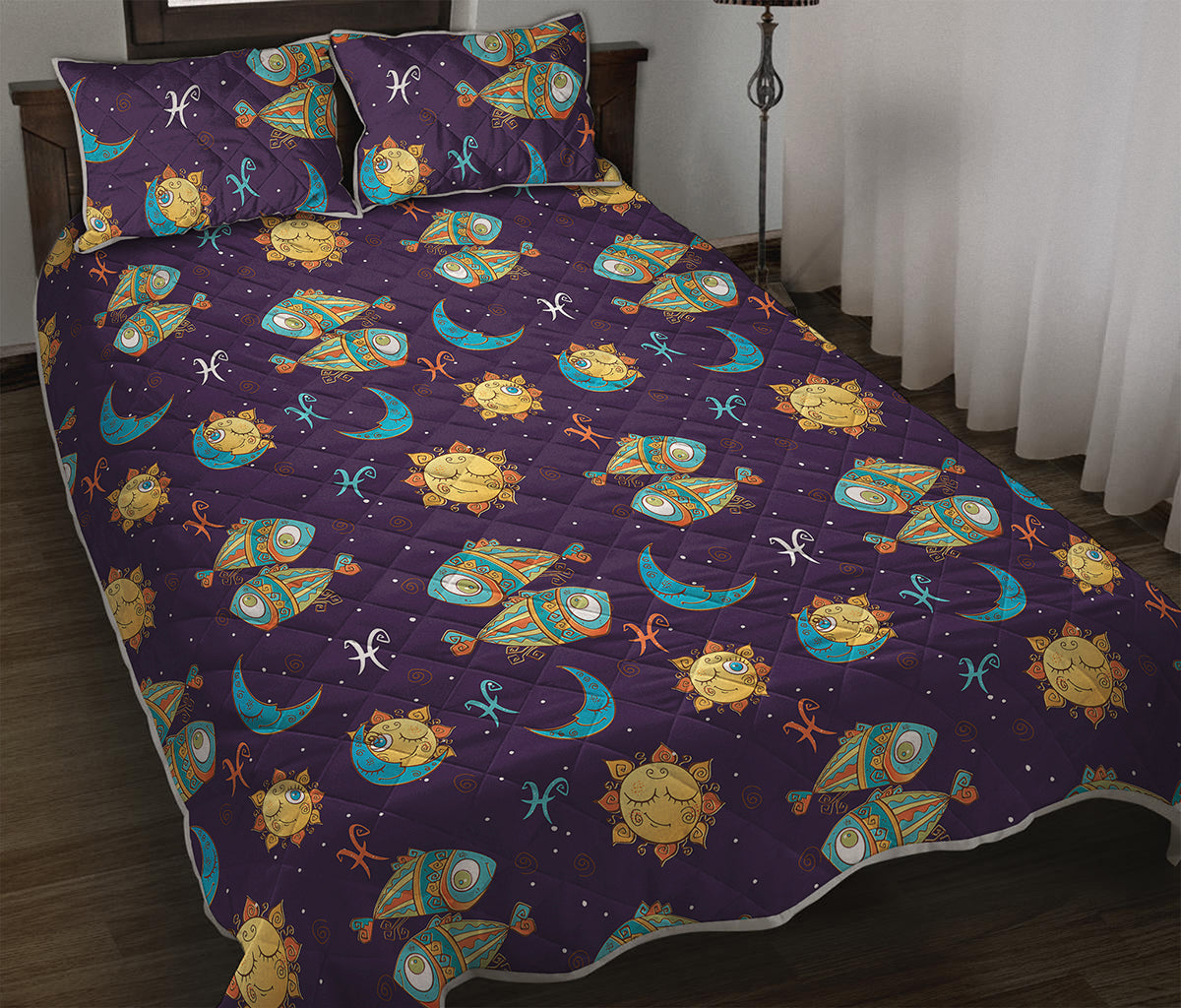 Cute Cartoon Pisces Pattern Print Quilt Bed Set