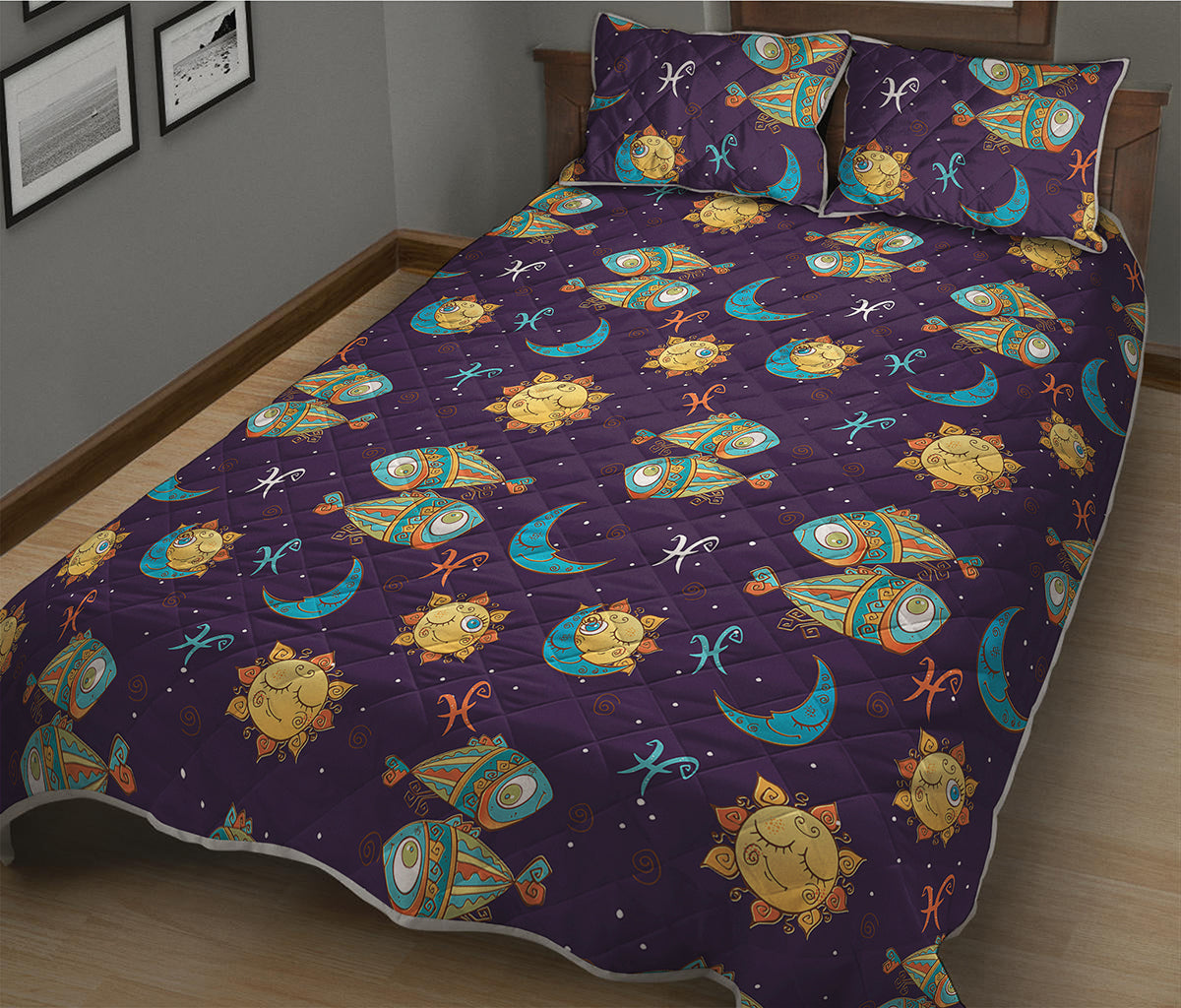 Cute Cartoon Pisces Pattern Print Quilt Bed Set