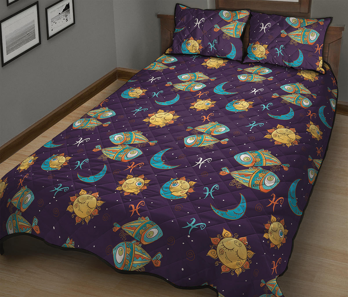 Cute Cartoon Pisces Pattern Print Quilt Bed Set