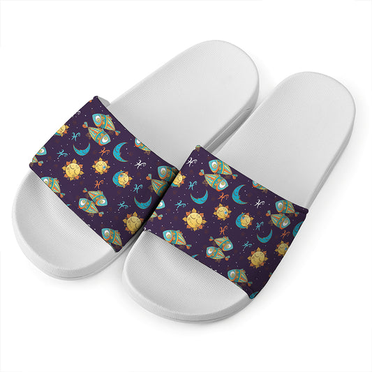 Cute Cartoon Pisces Pattern Print White Slide Sandals