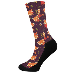 Cute Cartoon Red Panda Pattern Print Crew Socks