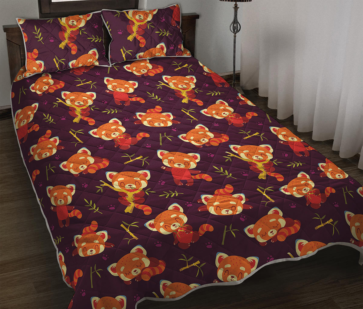 Cute Cartoon Red Panda Pattern Print Quilt Bed Set