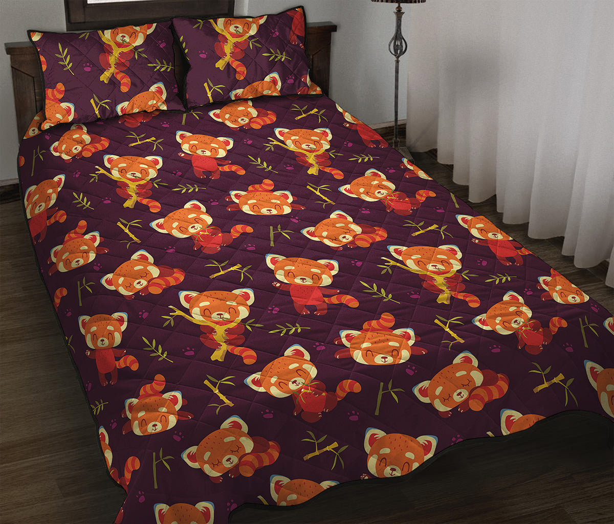Cute Cartoon Red Panda Pattern Print Quilt Bed Set