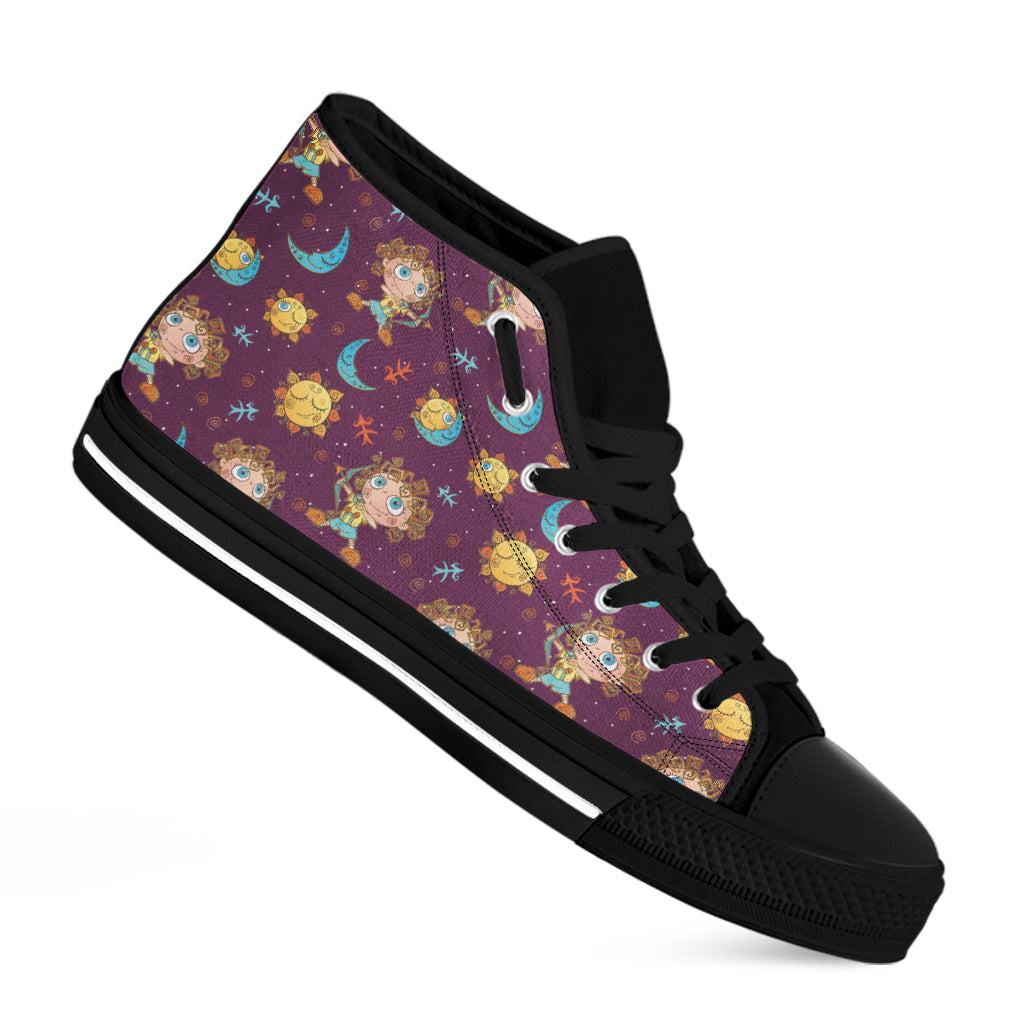 Cute Cartoon Sagittarius Pattern Print Black High Top Shoes