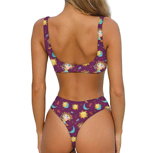 Cute Cartoon Sagittarius Pattern Print Front Bow Tie Bikini