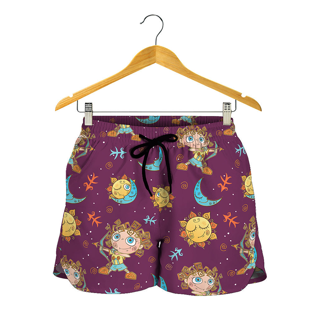 Cute Cartoon Sagittarius Pattern Print Women's Shorts