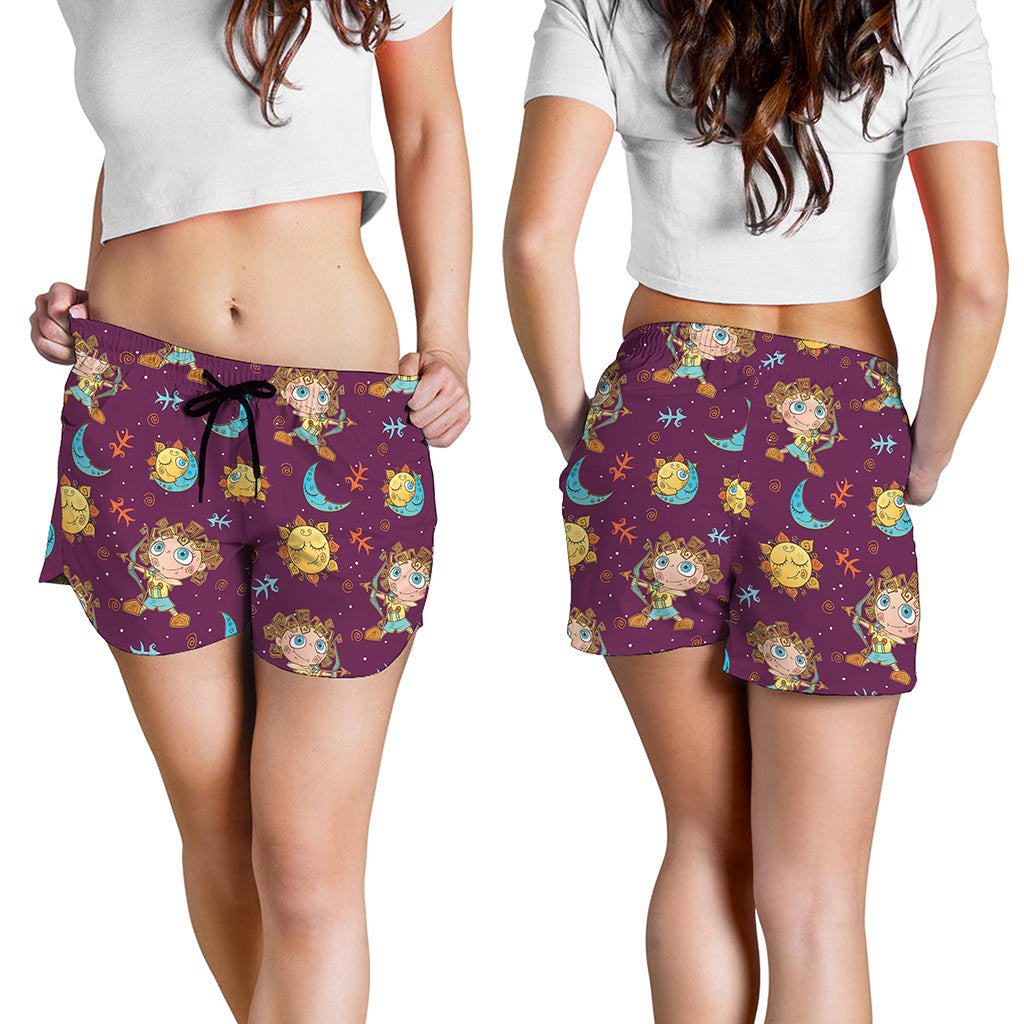 Cute Cartoon Sagittarius Pattern Print Women's Shorts