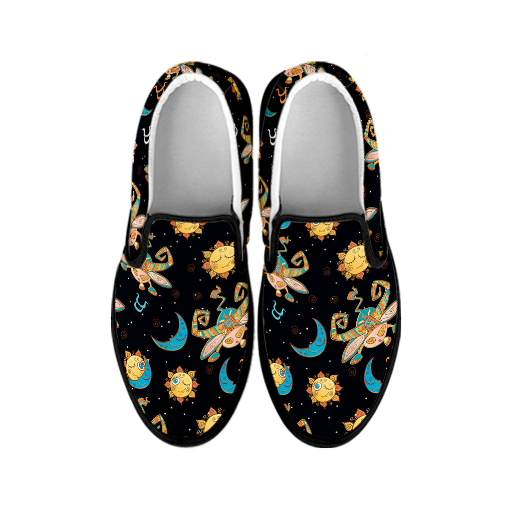 Cute Cartoon Taurus Pattern Print Black Slip On Shoes