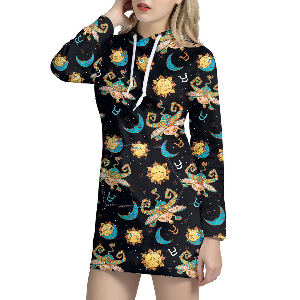 Cute Cartoon Taurus Pattern Print Hoodie Dress