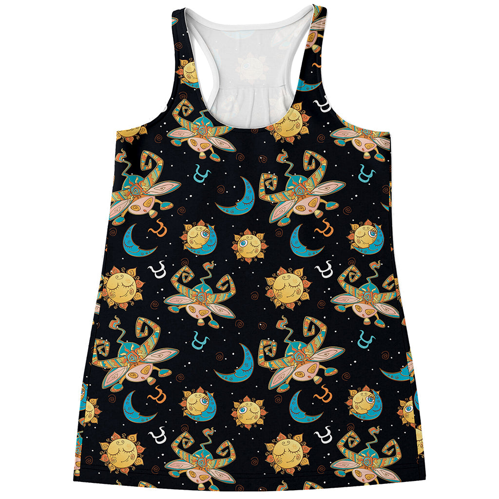 Cute Cartoon Taurus Pattern Print Women's Racerback Tank Top