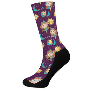 Cute Cartoon Virgo Pattern Print Crew Socks