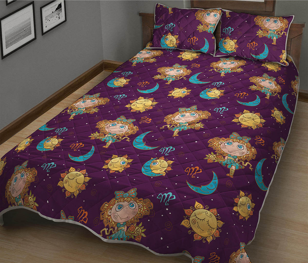 Cute Cartoon Virgo Pattern Print Quilt Bed Set