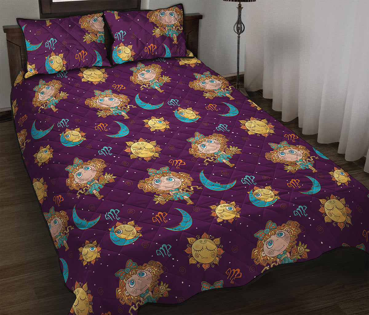 Cute Cartoon Virgo Pattern Print Quilt Bed Set