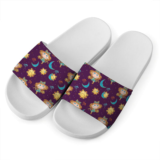 Cute Cartoon Virgo Pattern Print White Slide Sandals
