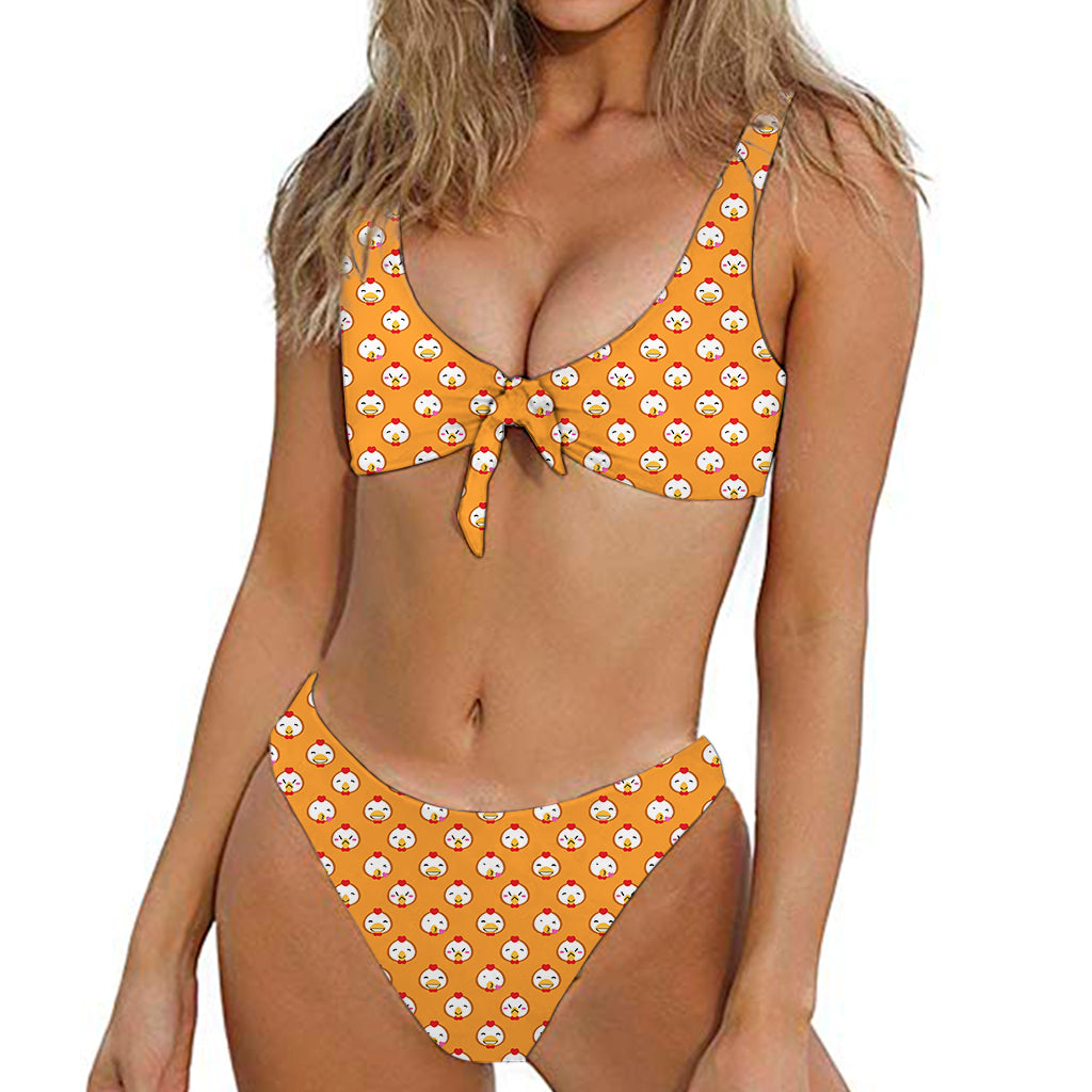 Cute Chicken Emoji Pattern Print Front Bow Tie Bikini