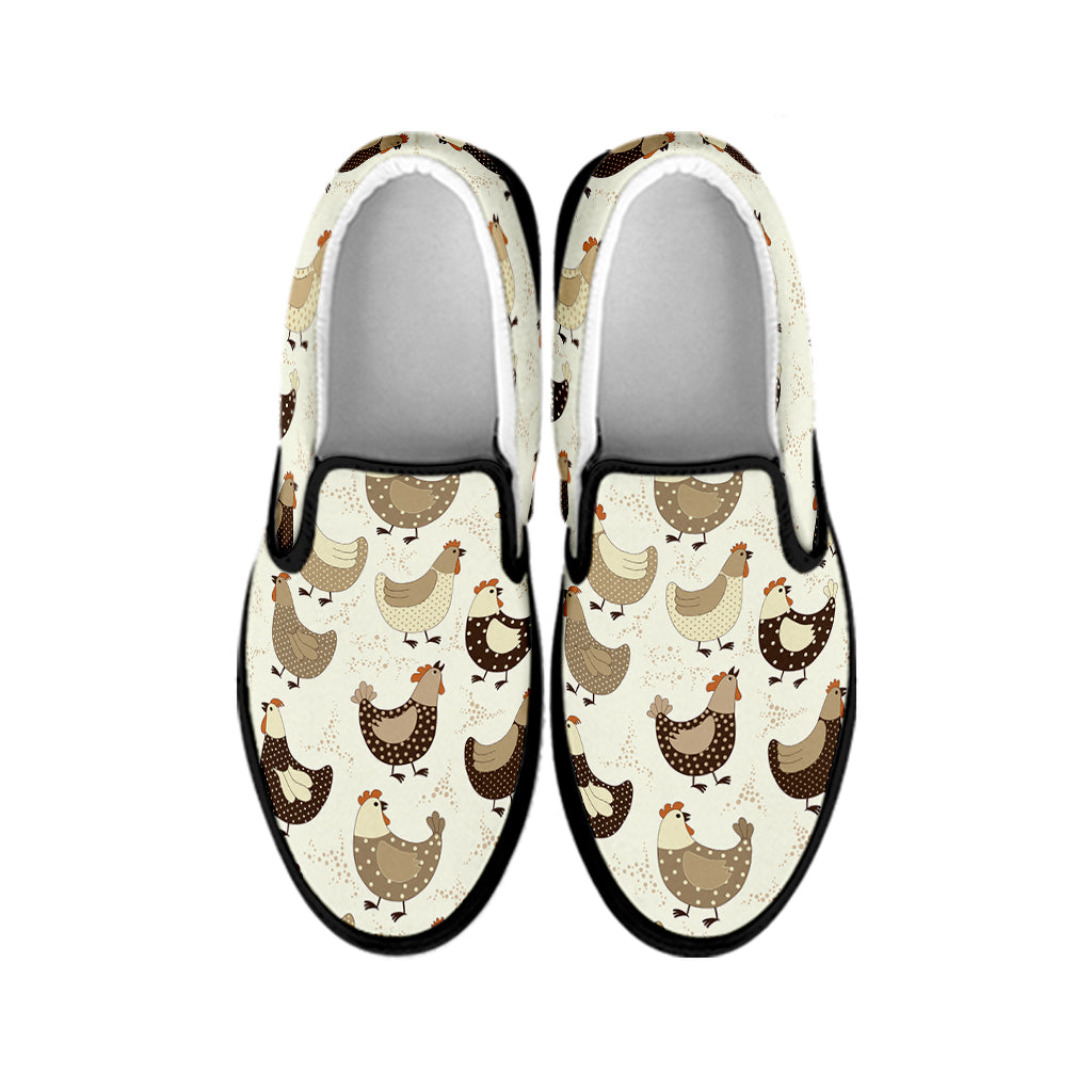 Cute Chicken Pattern Print Black Slip On Shoes
