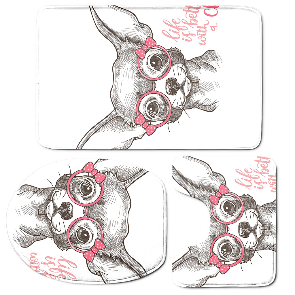 Cute Chihuahua With Glasses Print 3 Piece Bath Mat Set