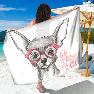 Cute Chihuahua With Glasses Print Beach Sarong Wrap