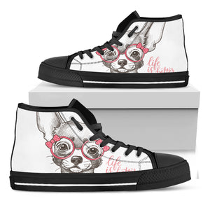 Cute Chihuahua With Glasses Print Black High Top Shoes