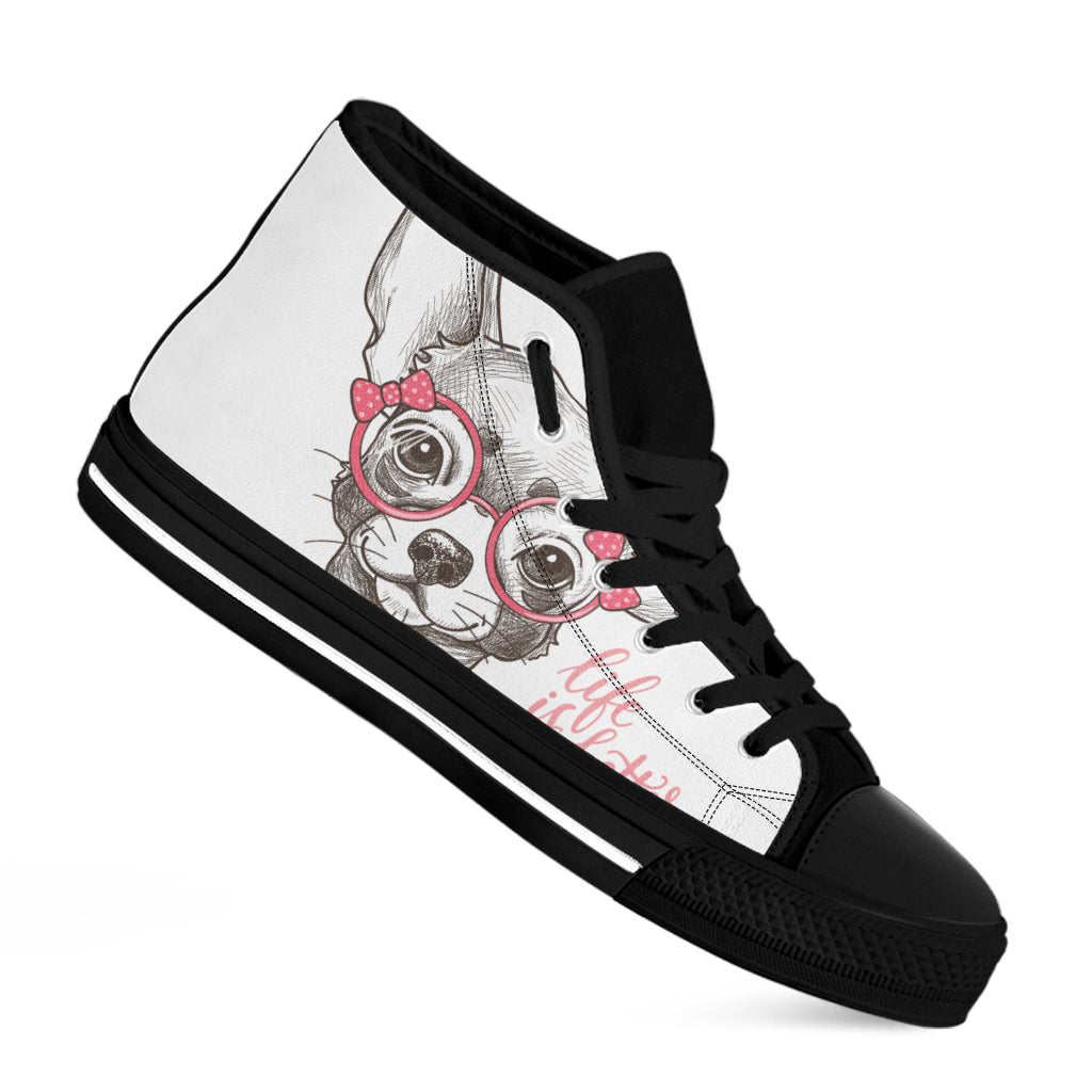 Cute Chihuahua With Glasses Print Black High Top Shoes