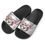 Cute Chihuahua With Glasses Print Black Slide Sandals