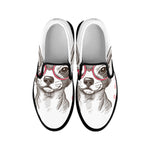 Cute Chihuahua With Glasses Print Black Slip On Shoes