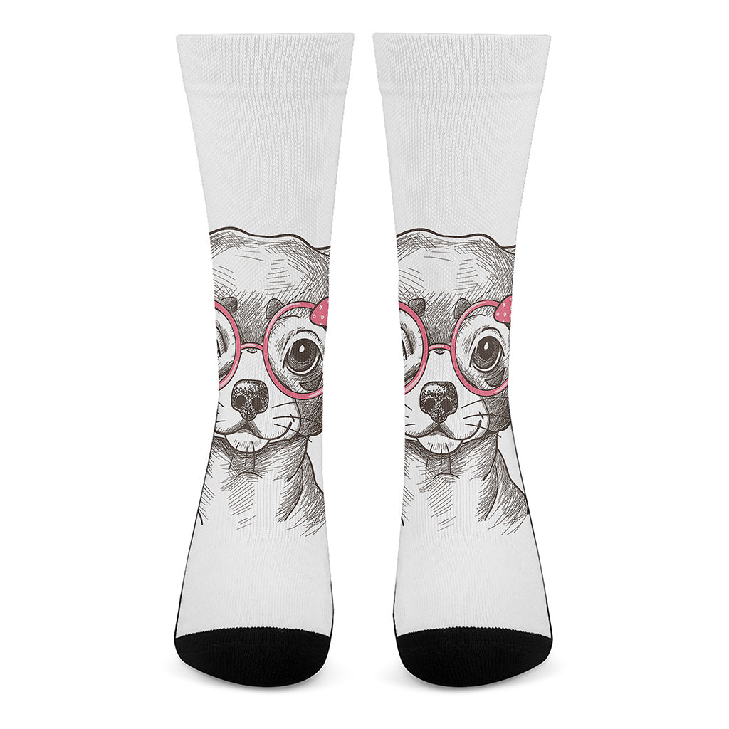 Cute Chihuahua With Glasses Print Crew Socks