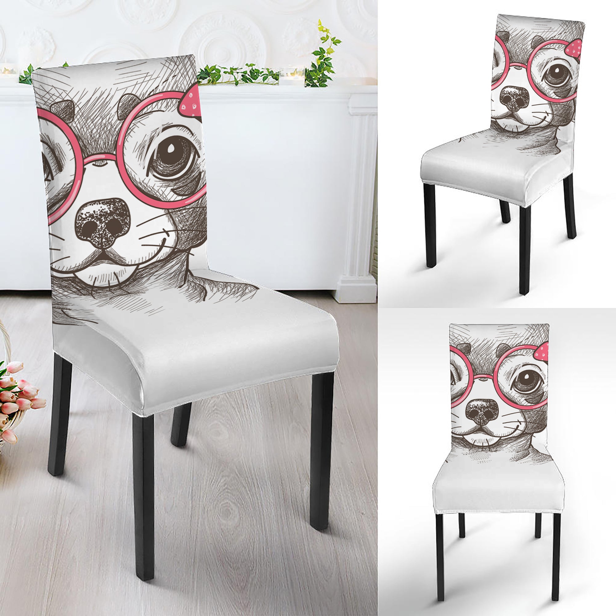 Cute Chihuahua With Glasses Print Dining Chair Slipcover