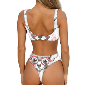 Cute Chihuahua With Glasses Print Front Bow Tie Bikini