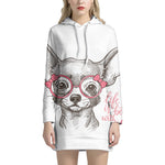 Cute Chihuahua With Glasses Print Pullover Hoodie Dress