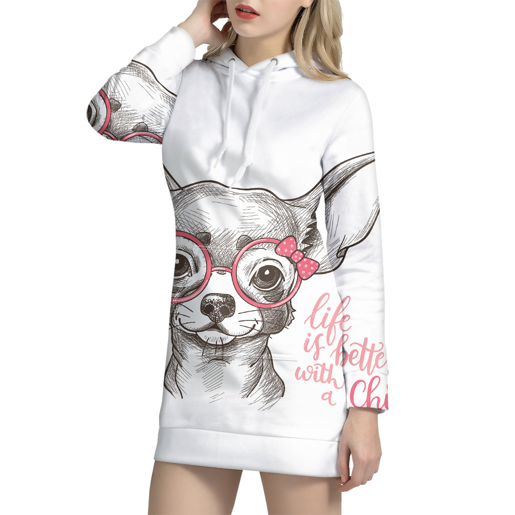 Cute Chihuahua With Glasses Print Pullover Hoodie Dress