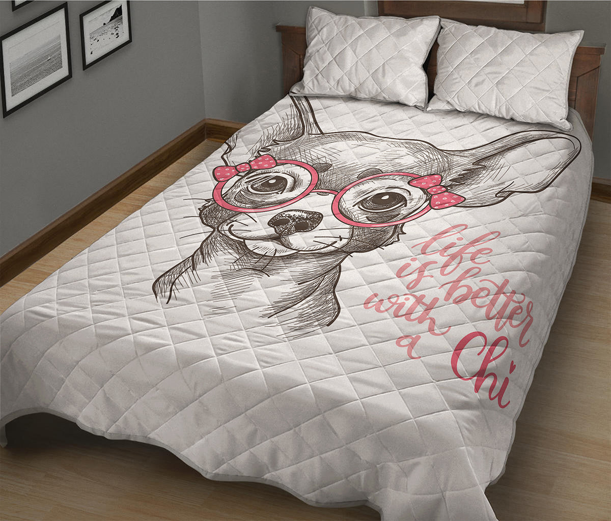 Cute Chihuahua With Glasses Print Quilt Bed Set