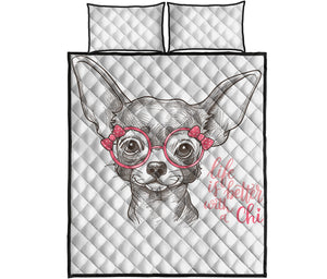 Cute Chihuahua With Glasses Print Quilt Bed Set