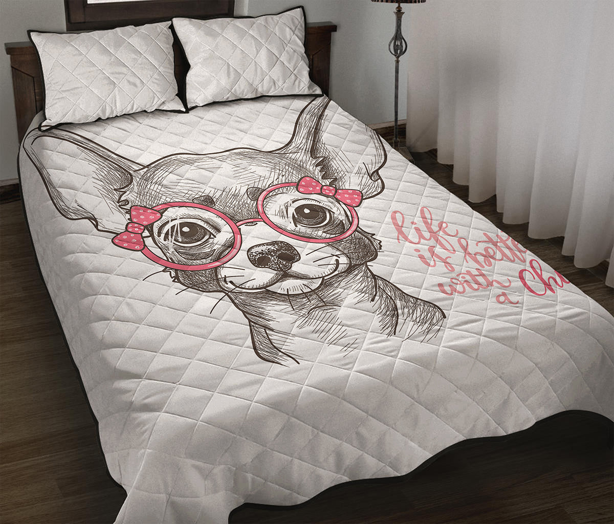 Cute Chihuahua With Glasses Print Quilt Bed Set