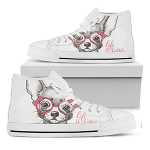 Cute Chihuahua With Glasses Print White High Top Shoes