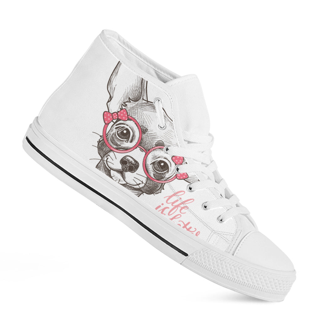 Cute Chihuahua With Glasses Print White High Top Shoes