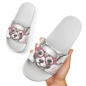 Cute Chihuahua With Glasses Print White Slide Sandals