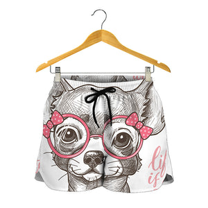 Cute Chihuahua With Glasses Print Women's Shorts