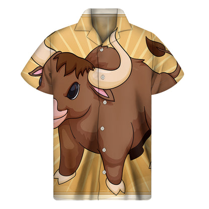 Cute Chinese Ox Zodiac Print Men's Short Sleeve Shirt