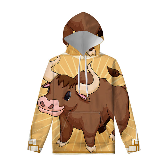 Cute Chinese Ox Zodiac Print Pullover Hoodie