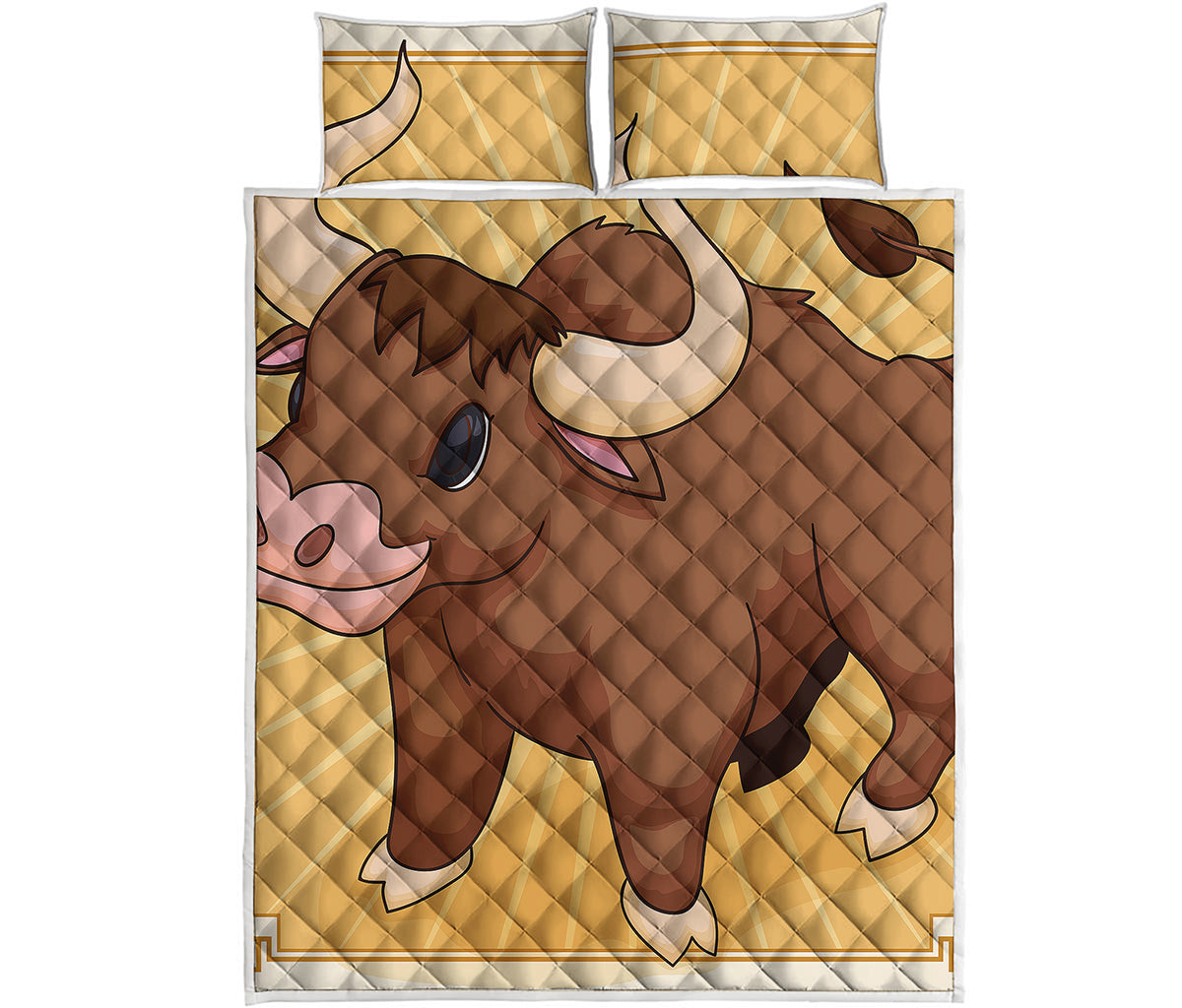 Cute Chinese Ox Zodiac Print Quilt Bed Set