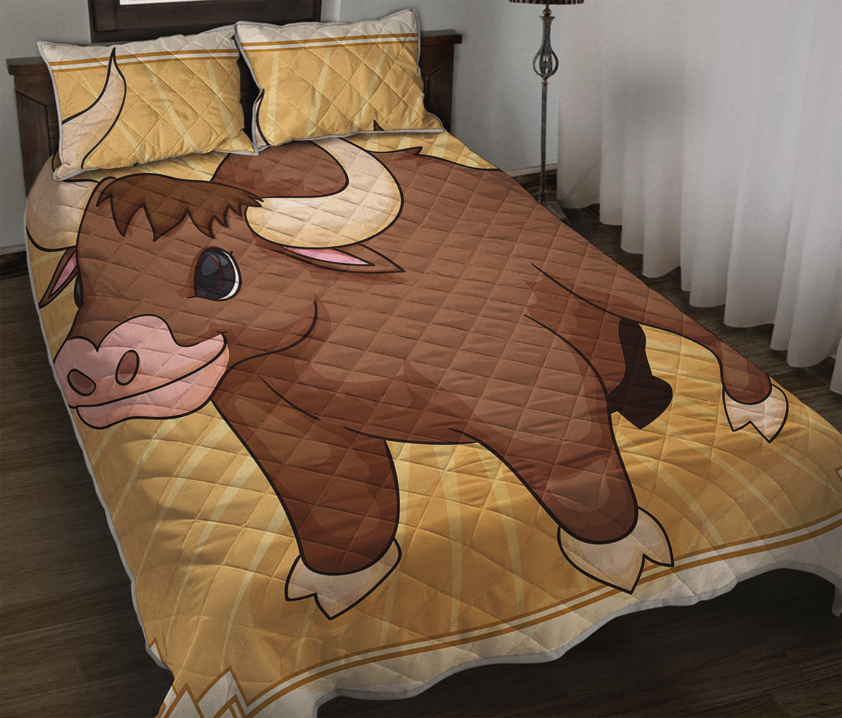Cute Chinese Ox Zodiac Print Quilt Bed Set