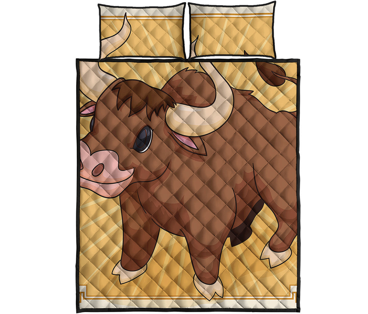Cute Chinese Ox Zodiac Print Quilt Bed Set